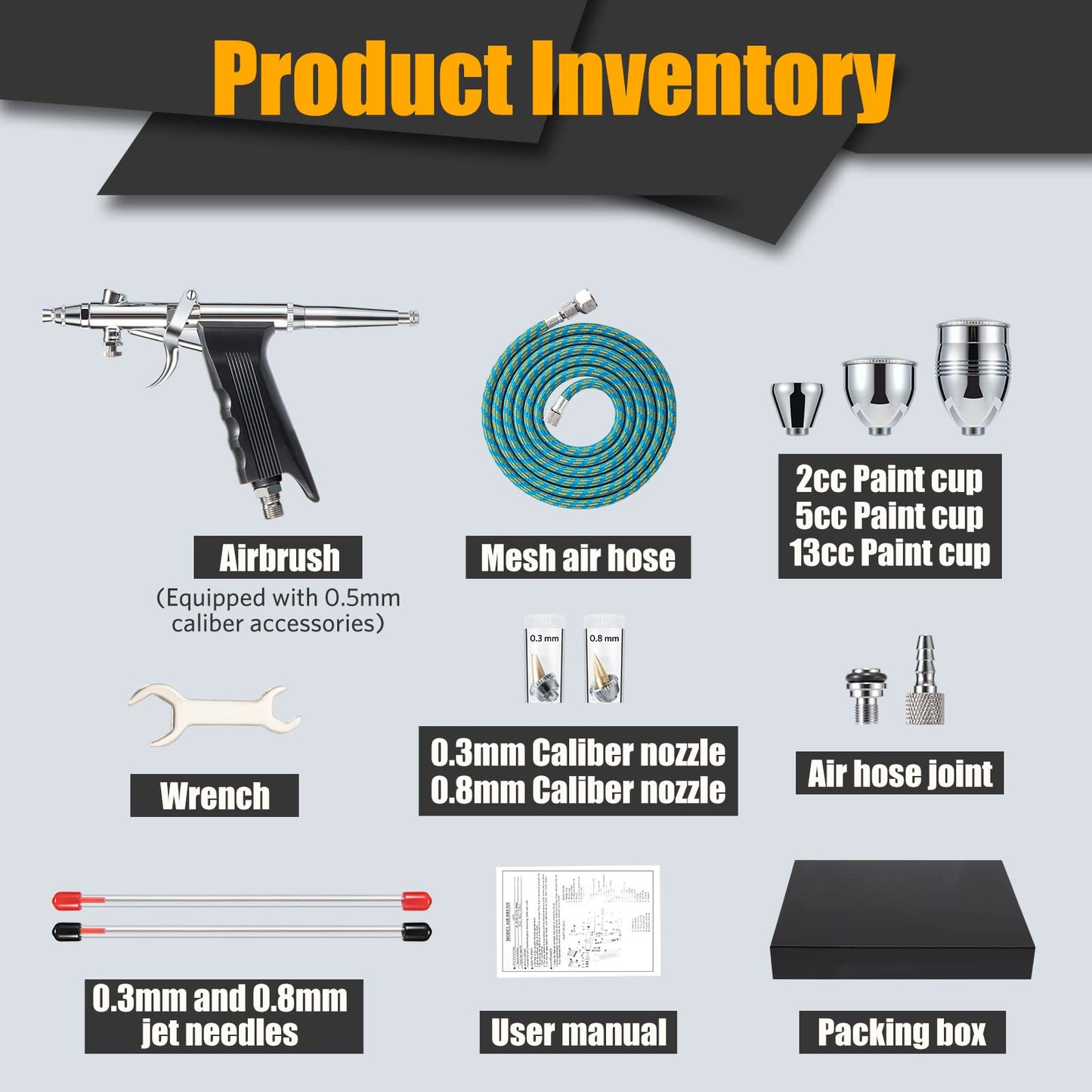 Airbrush Kit, Air Brush Painting Set, Double Action Trigger Airbrush Gun with 0.3mm/0.5mm/0.8mm Needles, 2cc/5cc/13cc Paint Cup, Airbrush Spray Tool Set for Painting Nails Cake Tattoo Makeup