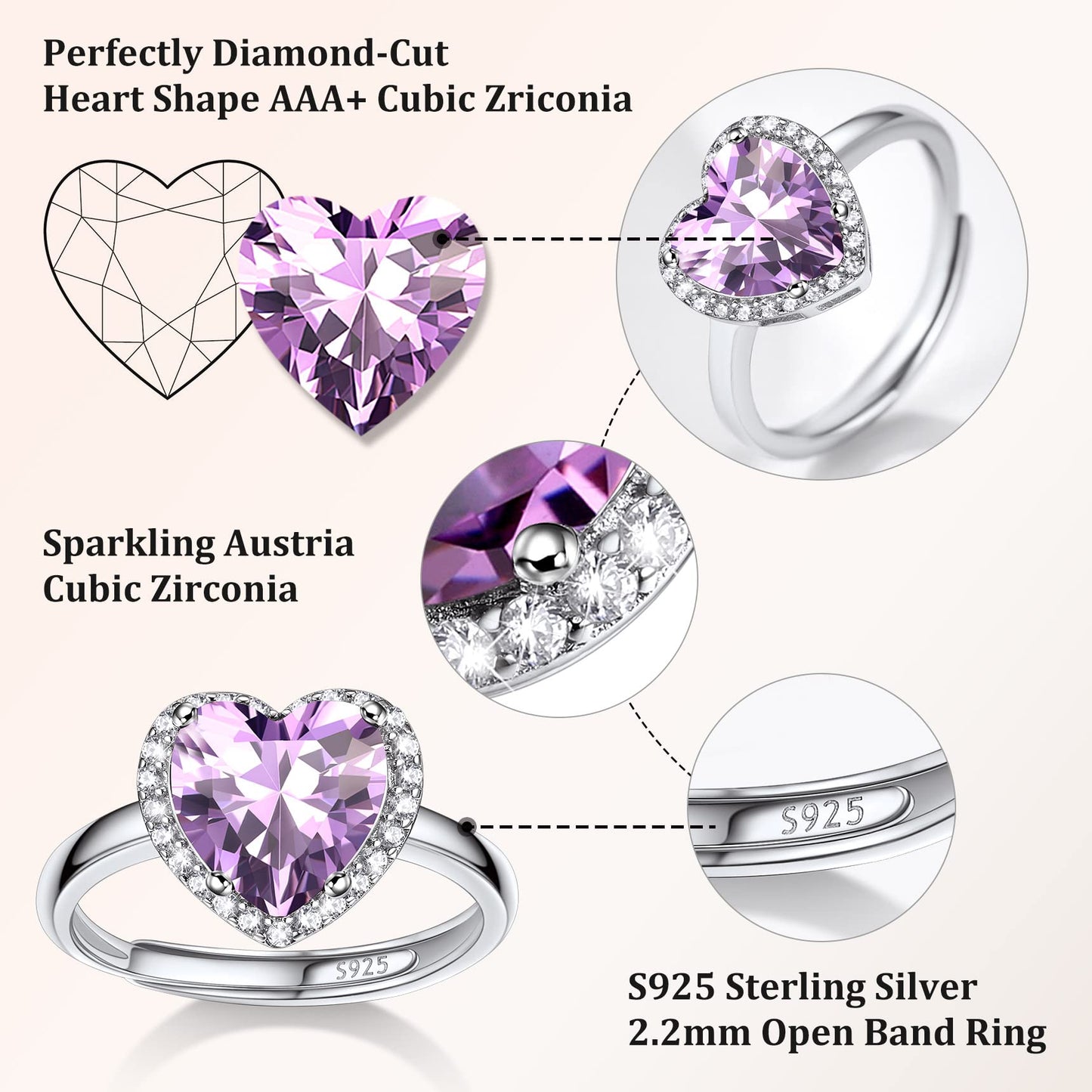 Bestyle Flattering June Alexandrite Heart Crystal Rings Halo Cubic Zirconia Rings for Women Dainty 925 Sterling Silver Hypoallergenic Adjustable Rings Size #6-#12