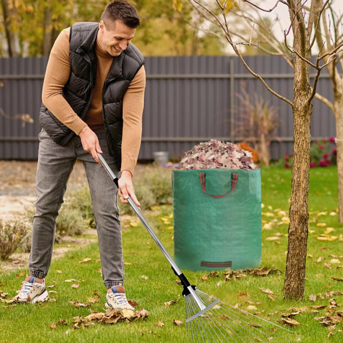 68 Inch Rake for Leaves, Metal Leaf Rake Set with 72 Gallon Leaf Bags,Leaf Scoops Hand Claws, Work Gloves– Complete Yard Tool Kit for Outdoor Garden Lawns Yard Shrub Grass Bush