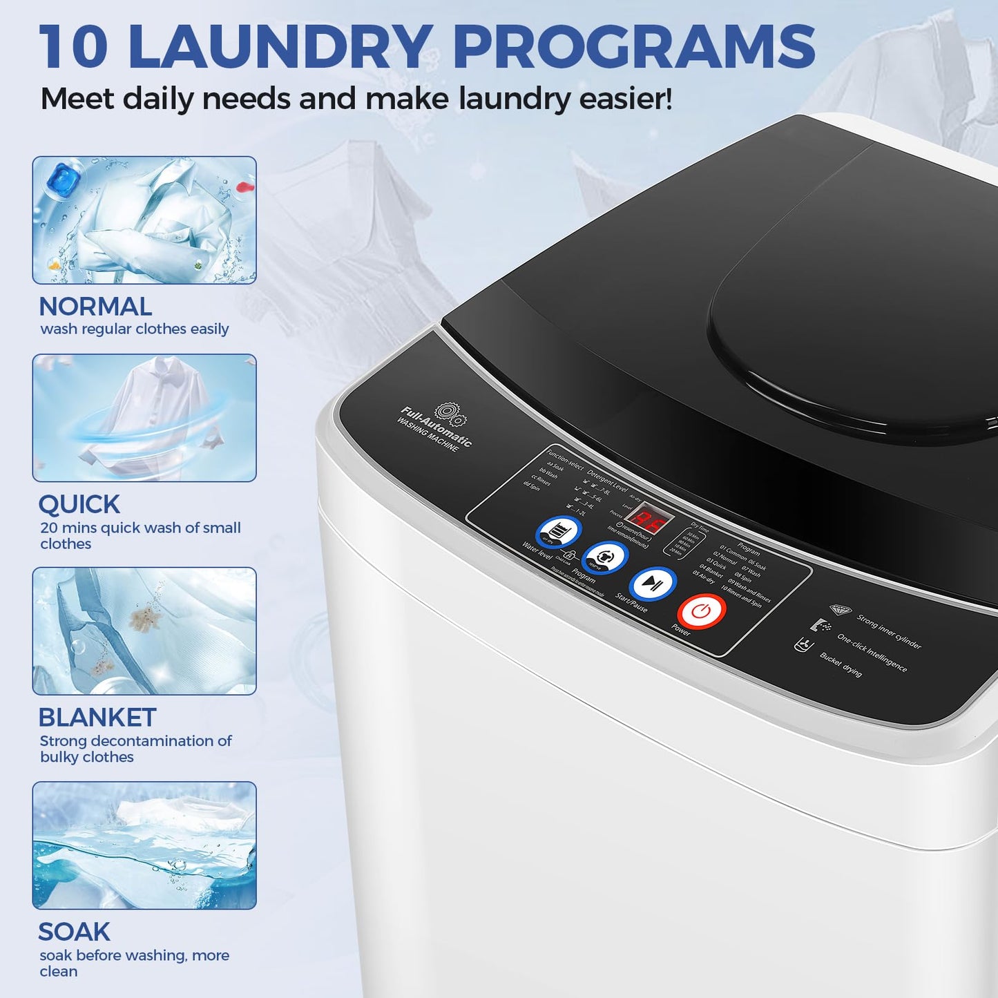 Nictemaw Portable Washing Machine 17.8Lbs Large Capacity 2.4 Cu.ft Portable Washer Machine with 10 Programs and 8 Water Levels Selections Mini Washing Machine for Apartment, Home, Dorms, Rv