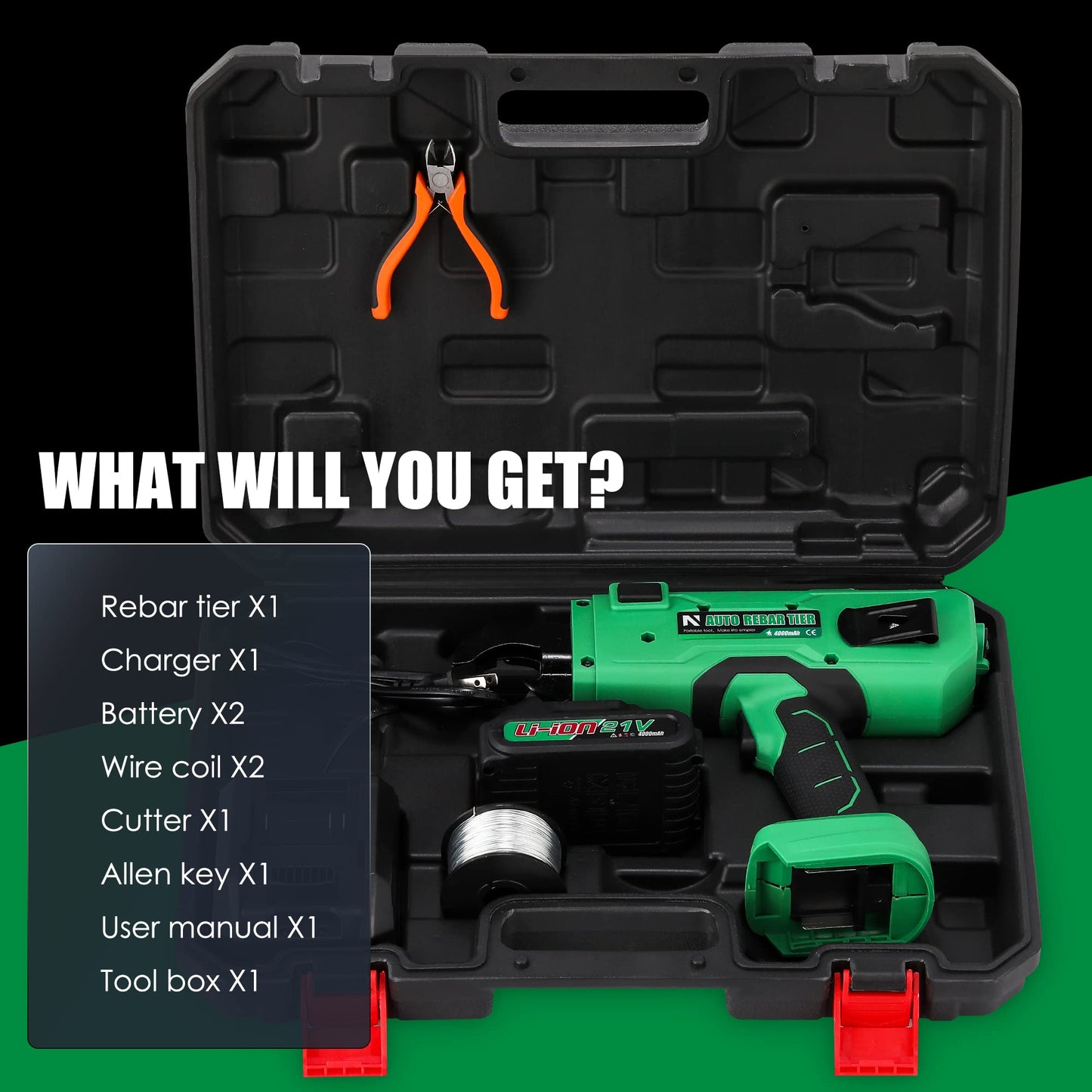 NEWTRY Cordless Rebar Tie Automatic Rebar Tying Gun Portable Steel Tie Tool with 2pcs 2000mAh Rechargeable Batteries for φ0.3"-1.33" Rebar