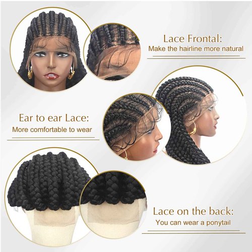 Alebery 36" Full Lace Braided Wigs for Black Women Jumbo Box Braids Lace Front Wig with Baby Hair Lightweight Synthetic Lace Frontal Black Cornrow Twisted Wigs (Black)