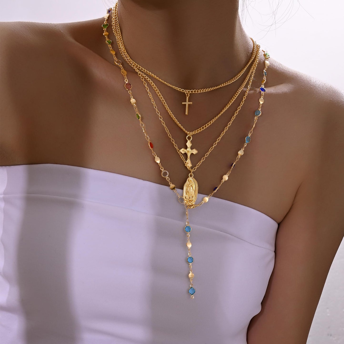 4PCS Layered Gold Cross Necklaces for Women Trendy, Bohemian Bead Pearl Y Long Pendant Necklace Set, Vintage Rosary Necklace Stack Adjustable Length