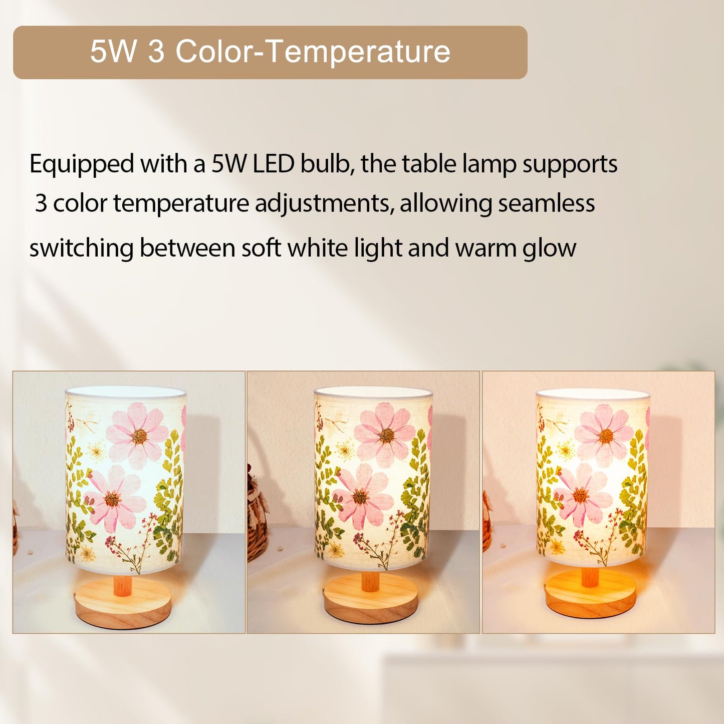 Floresita Dried Flowers Small Table Lamp 5W LED 3-Color Bedside Lamp Pressed Flowers Lampshade with Wood Base for Bedroom Living Room Desk Nursery