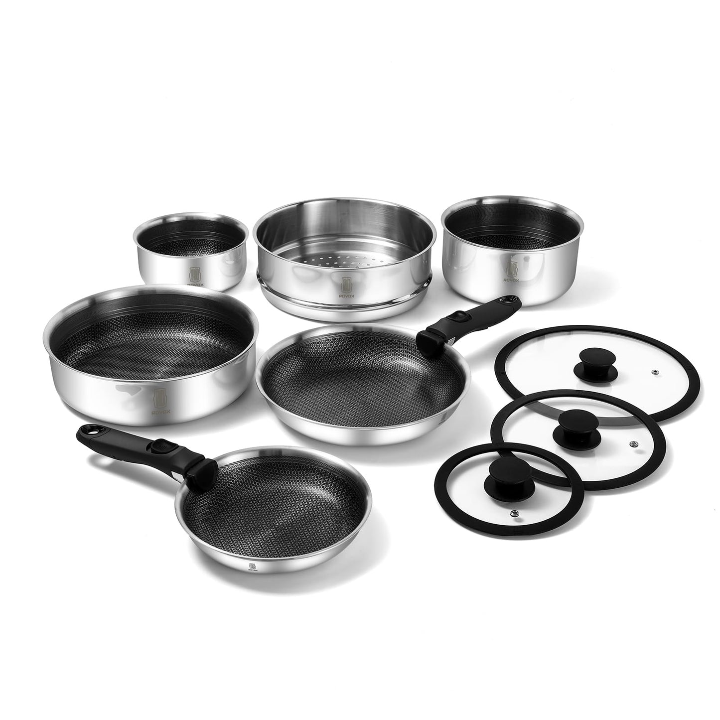 ROYDX New Model Hybrid Nonstick Cookware Set 19-Piece Stainless Steel Pots and Pans Set with Removable Handles, Save Space,Dishwasher and Oven Safe, Induction Ready, Compatible with All Cooktops