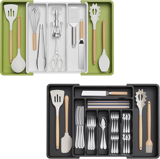 Lifewit Utensil Organizer for Kitchen Drawers, Expandable Cooking Utensil Tray, Adjustable Cutlery Silverware Flatware Holder, Plastic Spatula Tools and Gadgets Storage Divider