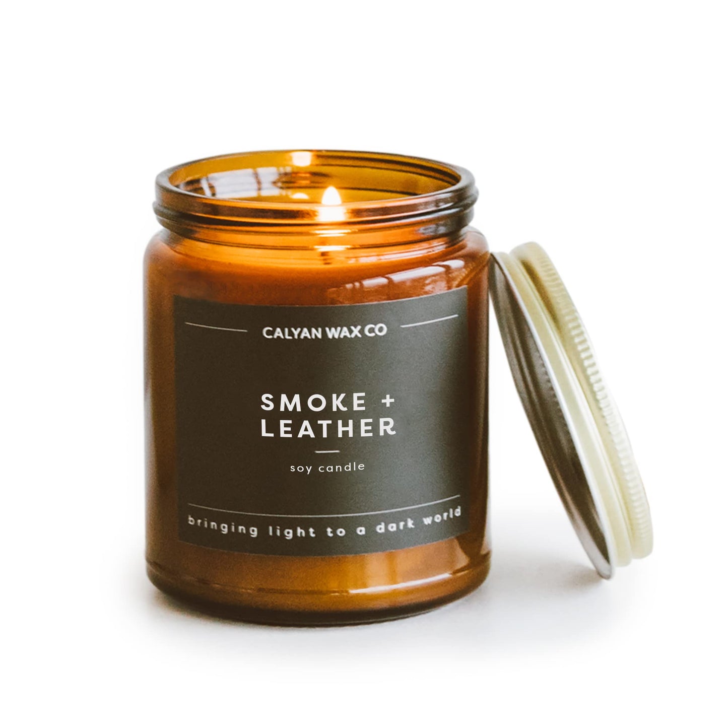 Calyan Wax Co. Smoke & Leather Scented Candle - 57 Hour Burn - Luxury Clean Soy Wax Candles - Long Lasting Amber Glass Jar Candle for Home - 7.2oz
