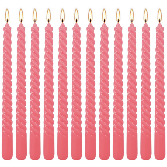 12-Pack Pink Spiral Taper Candles – 10 Inch Elegant Dripless & 10-Hour Burn – Long-Lasting Decorative Candles for Weddings, Birthdays, Parties, Church, Home Decor & Romantic Dinners