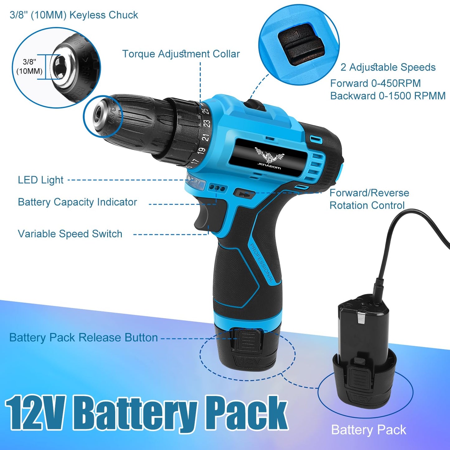 JENABOM Tool Set：Tool Kit with 12V Cordless Drill,Tool Box with Drill,Hand Drill Set for Men & Women,Home Tool Kits for House Repair,Handyman,DIY 146 Piece