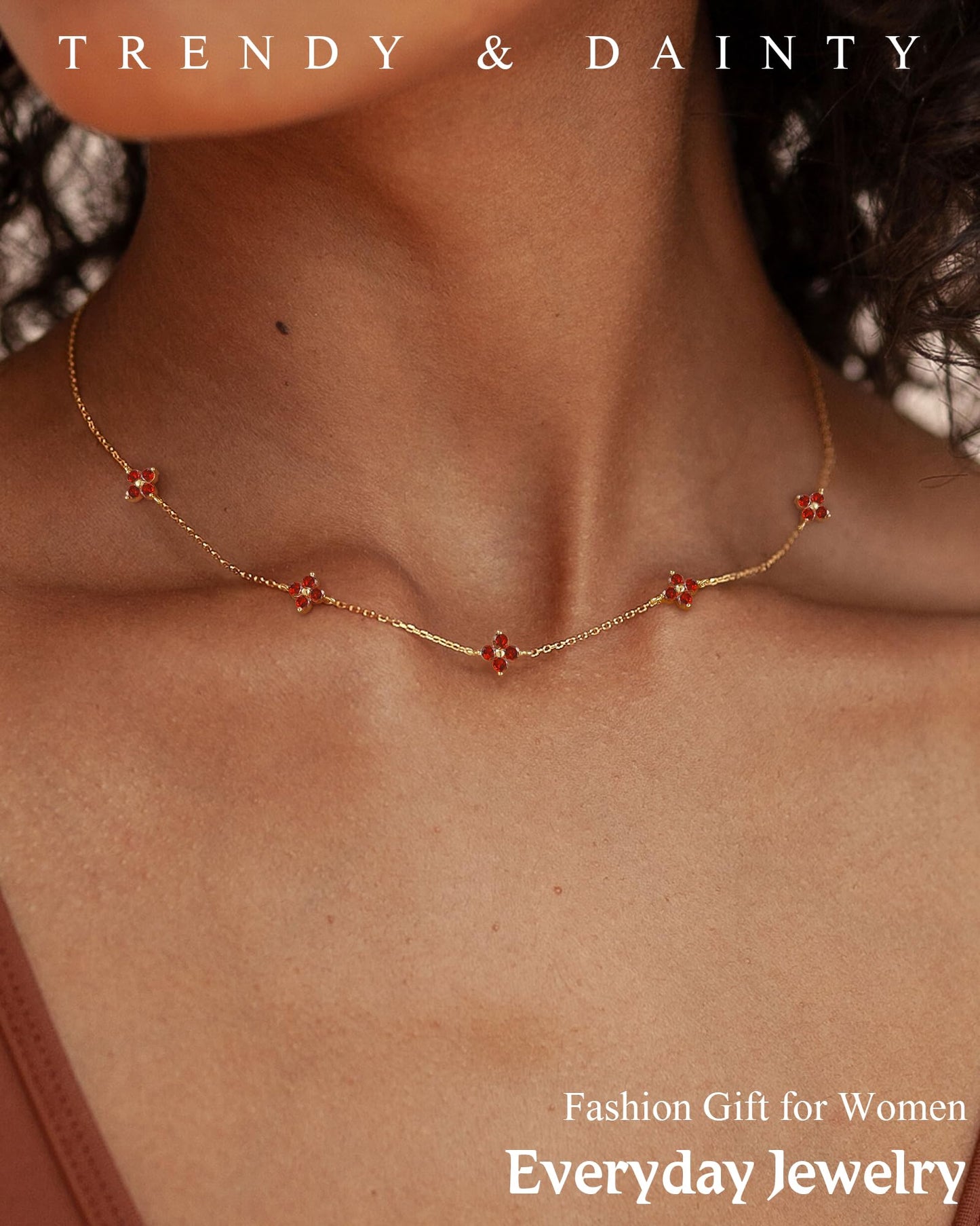 ZHESHY Birthstone Gold Necklace for Women Dainty Non Tarnish 14K Gold Plated Clover Necklaces Red CZ Station Choker Necklace Birthday Gifts Womens Gold Jewelry