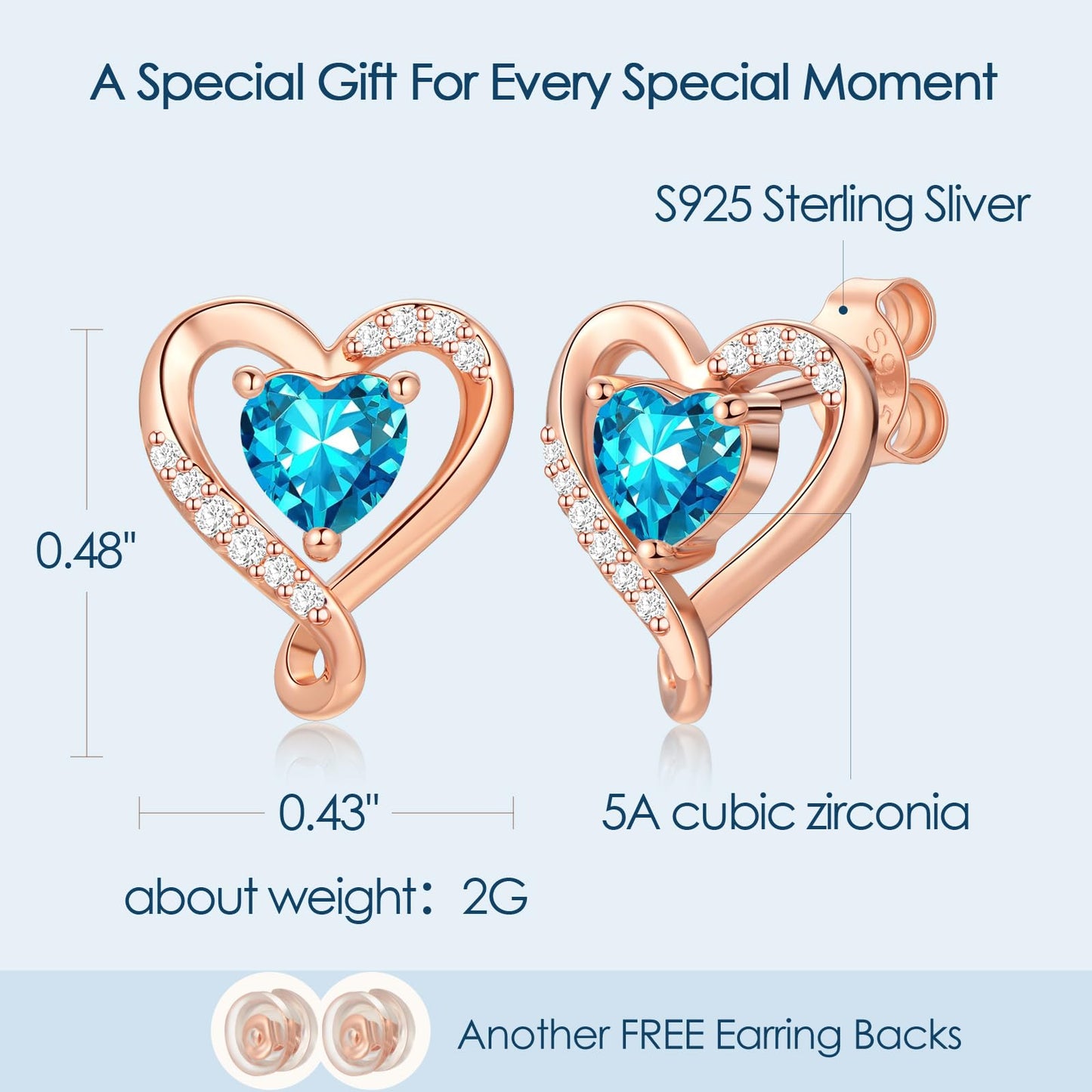 Zifeel Earrings for Women, Rose Gold Birthstone Heart Studs Earring for Girlfriend Wife, Anniversary Birthday Christmas Valentines Mothers Day Gifts Jewelry for Women Wife Her Mom
