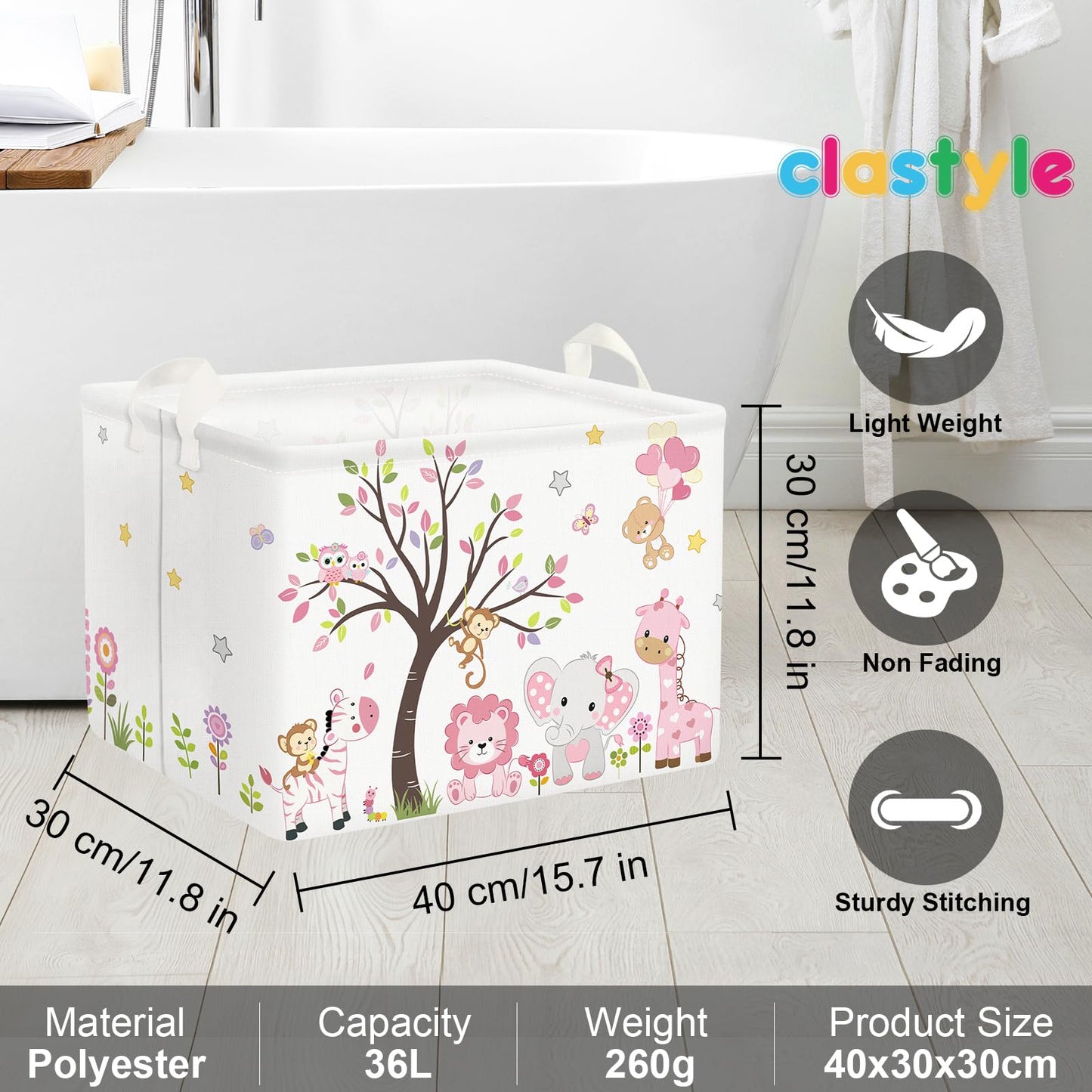Clastyle Collapsible Large Pink Woodland Animal Baby Girl Bakset Jungle Animals Lion Giraffe Book Shelf Basket with Handle Rectangle Toy Clothes Cube Storage Basket for Kids Room