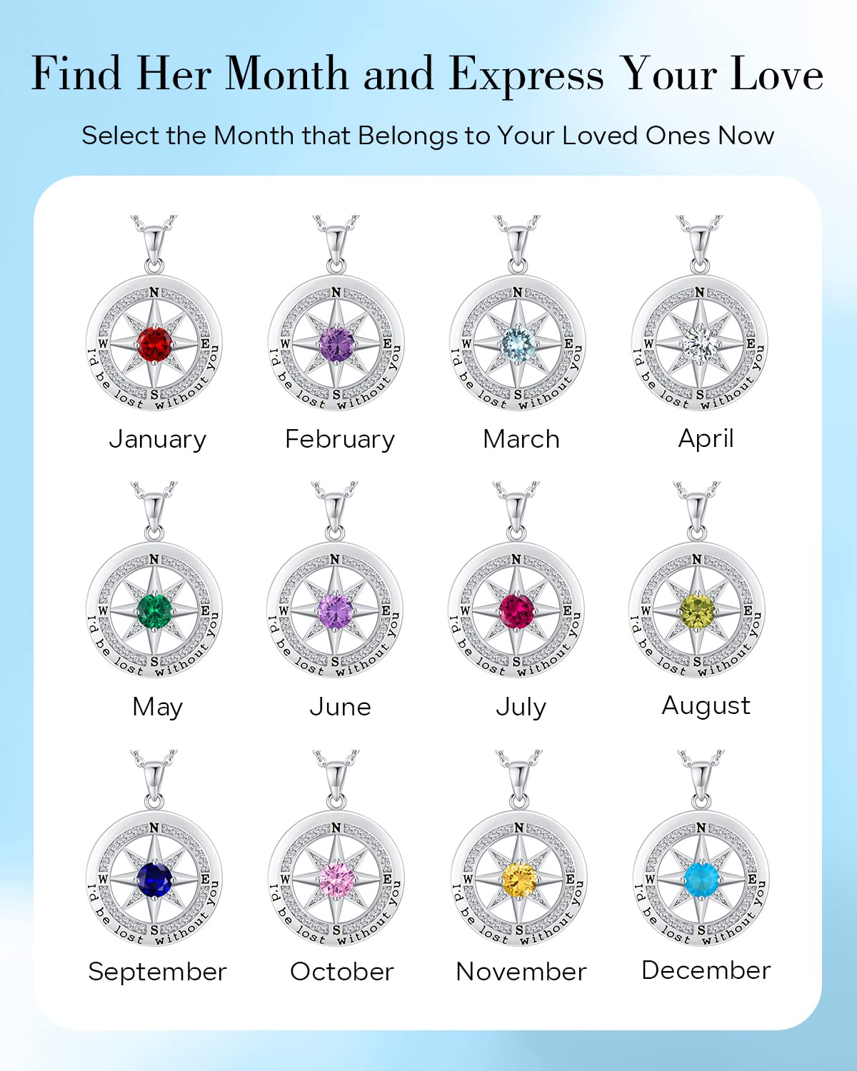 S925 Sterling Silver Necklace for Wife, Women Anniversary Year Gifts Compass Jewelry, Birthday Gift Ideas for Her Girlfriend Woman Necklaces, 18K White Gold December