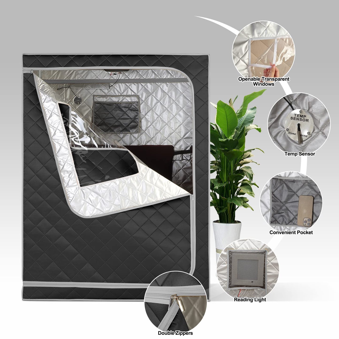 Smartmak Portable Far Infrared Sauna, Home Two Person Sauna Box with 660nm Red Light Therapy Lamp, X-Large Full Size Indoor SPA Tent for Body Recovery, Remote Control, 2 Folding Chairs, Greyborder