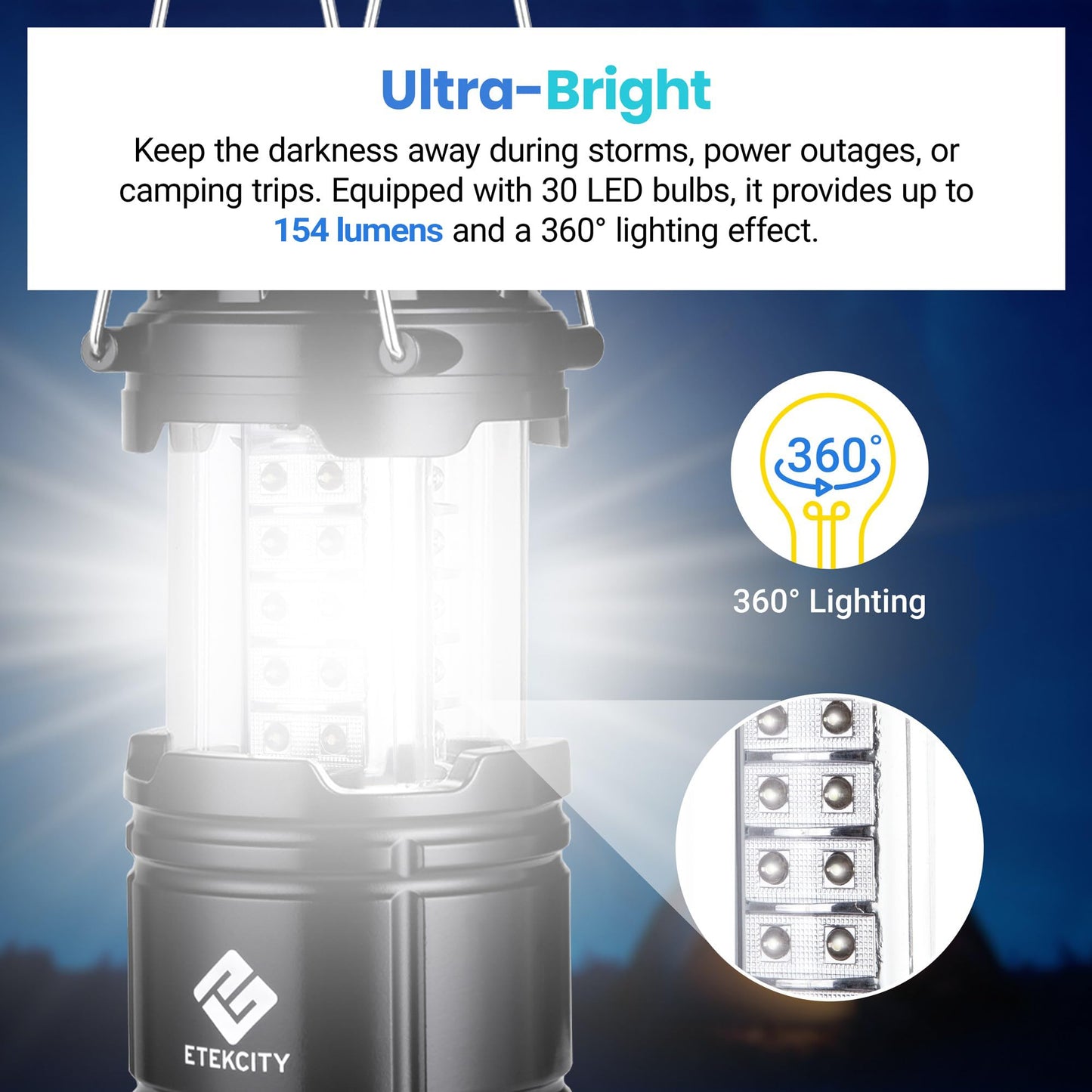 Etekcity Lantern Camping Essentials Lights, Led Flashlight for Power Outages, Battery Operated Lamp for Emergencies, Survival Gear, Hurricane Preparedness Items, Water Resistant, 2 Pack, Black