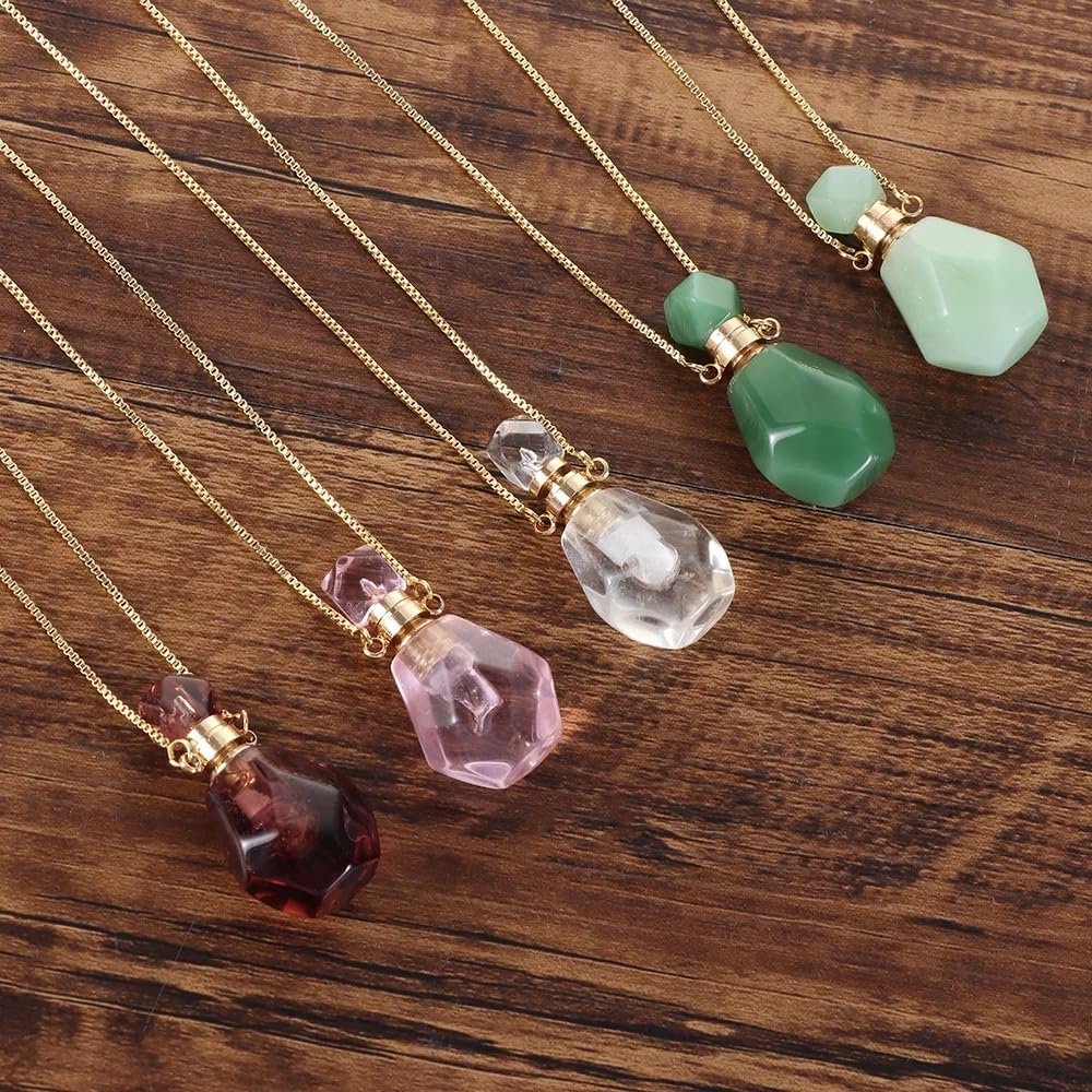14K Yellow Gold Natural Stone Vial Necklace For Women - Glass Vial Pendant Necklace Water Drop Jar Perfume Necklace - Water Container Vial Necklaces For Liquid Oil Diffuser Vial Jewelry