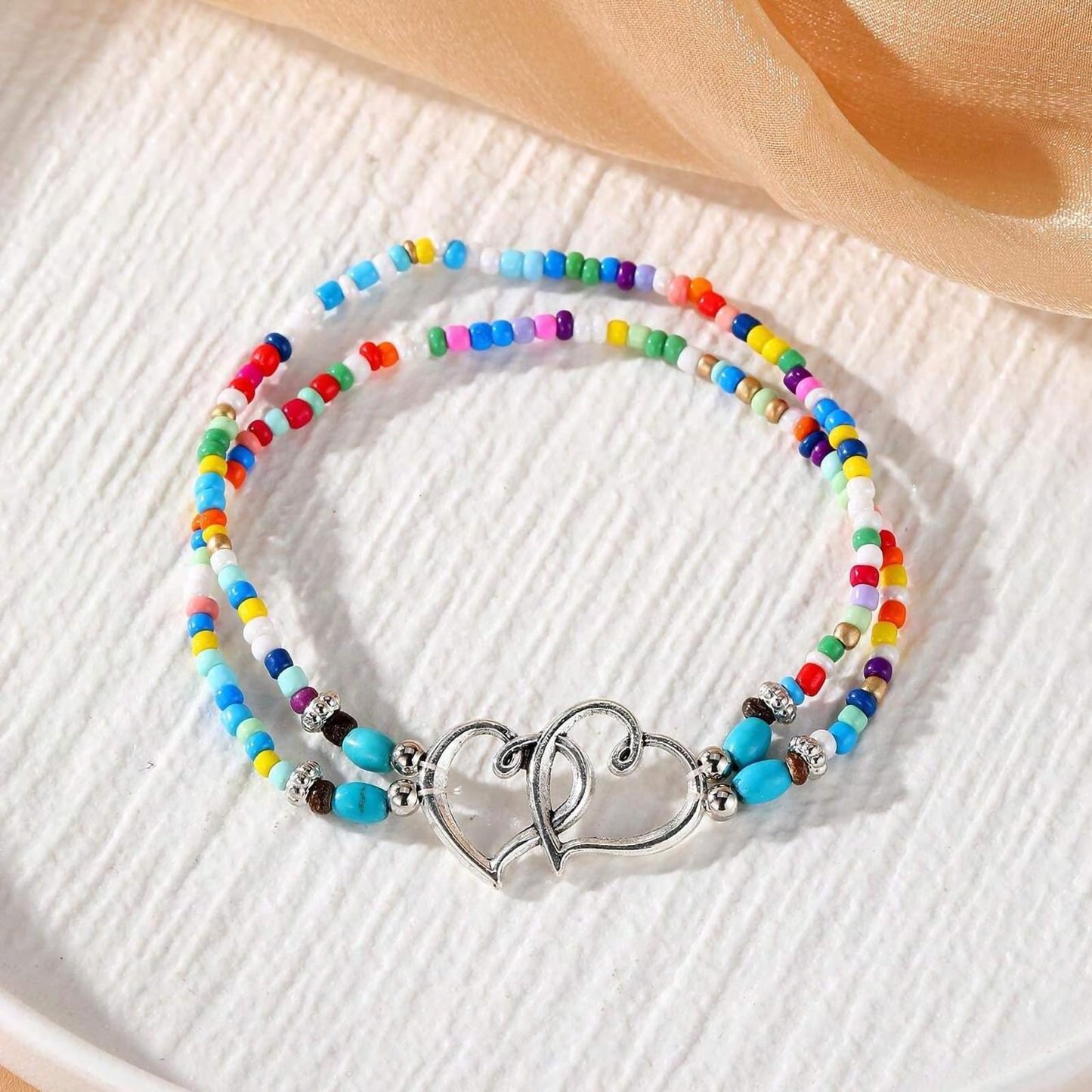 Qceasiy Shell Ankle Bracelet Set for Women, Boho Bead Adjustable Anklet, Hawaiian Beach Seashell Pearl Heart Starfish Conch Foot Jewelry Gifts (Double Heart(Colorful))