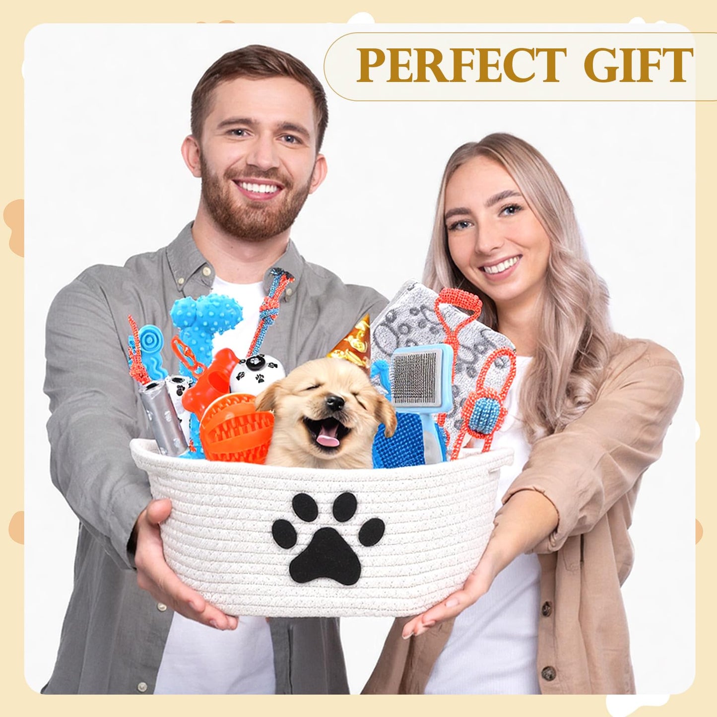 Zopeal 17 Pcs Mother‘s Day Puppy Gift Set, Dog Toy & Essentials Bundle with Chew Toys, Poop Bag Dispenser, Grooming Brush, Training Bell, Blanket & Rope Basket