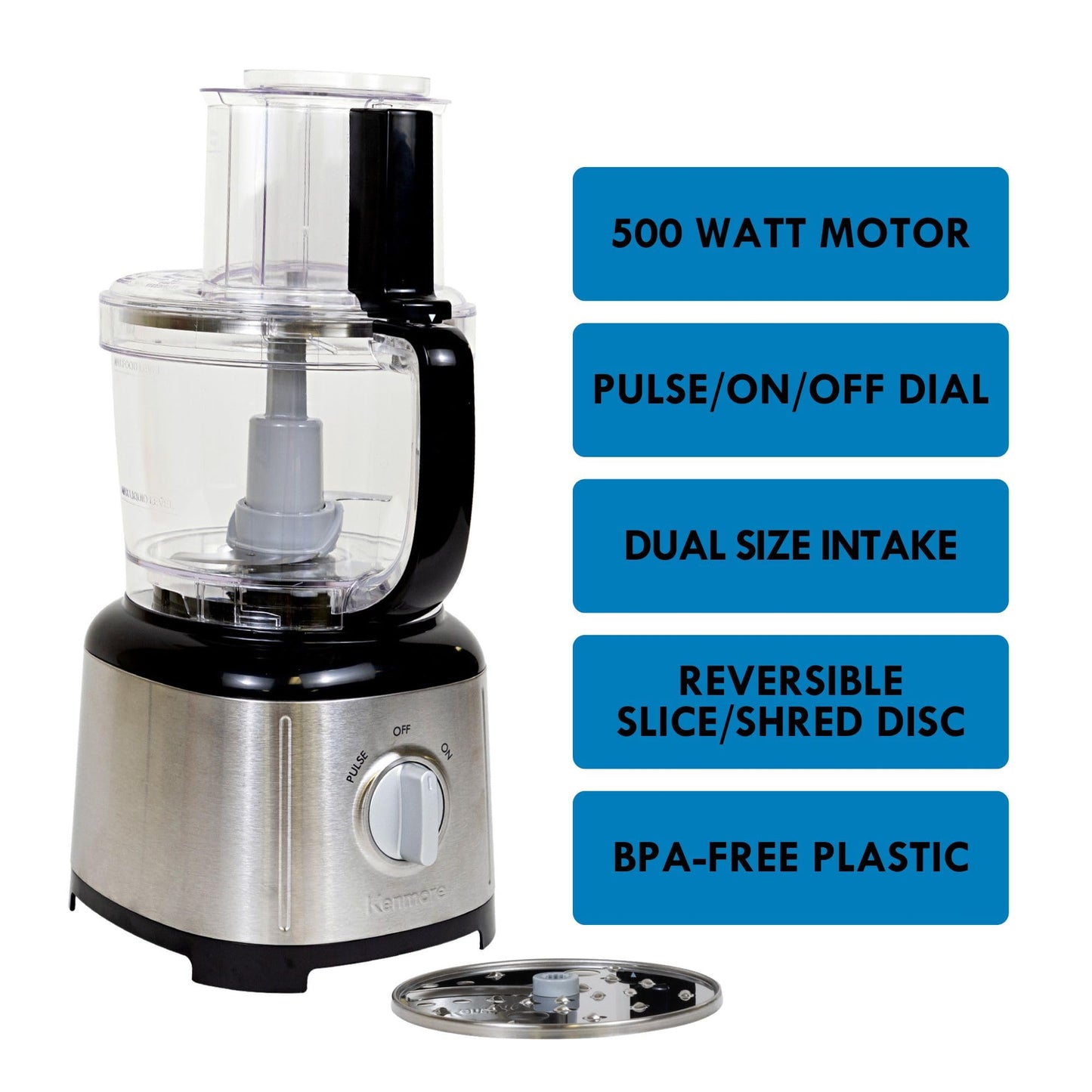 Kenmore Food Processor and Vegetable Chopper with Reversible Slicing/Shredding Disc, Chop, Slice, Shred, Mince, Grate, Puree, Stainless Steel, 11-Cup, 500W, Black and Silver