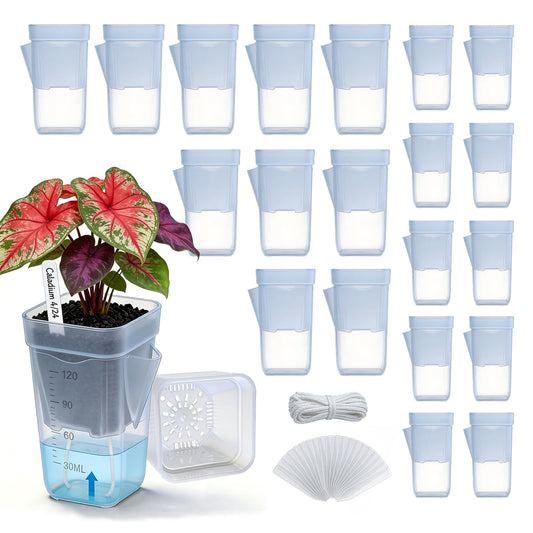 20 Pack 2/2.5 Inch Small Self Watering Pots for Indoor Plants, Mini Clear Plastic Nursery Pots with Water Level Indicator & Drainage Holes, for Seedling Propagation, Succulents, 20 Plant Labels