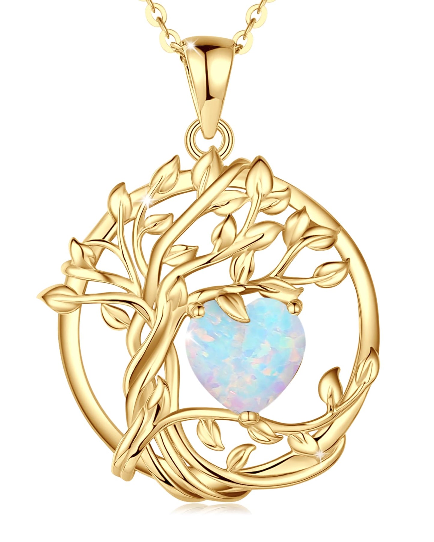 FANCIME Tree of life Birthstone Necklace for Women Sterling Silver Yellow Gold Plated Opal Pendant October Birthstone Gemstone Anniversary Birthday Mothers Day Gifts for Mom Her