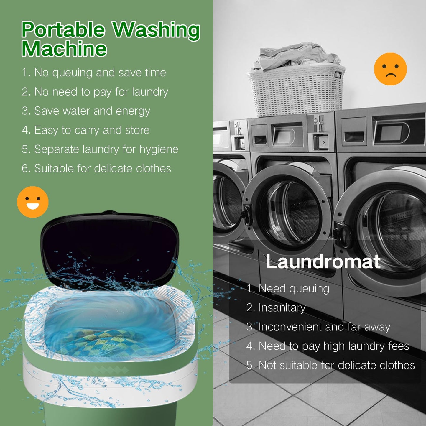 LGLRTD Portable Washing Machine, 15L Mini Collapsible Washer with 3 Cleaning Modes for Baby Clothes, Underwear, Small Foldable Laundry for Travel Apartment Home Dorm Hotel Camping (White+Green)