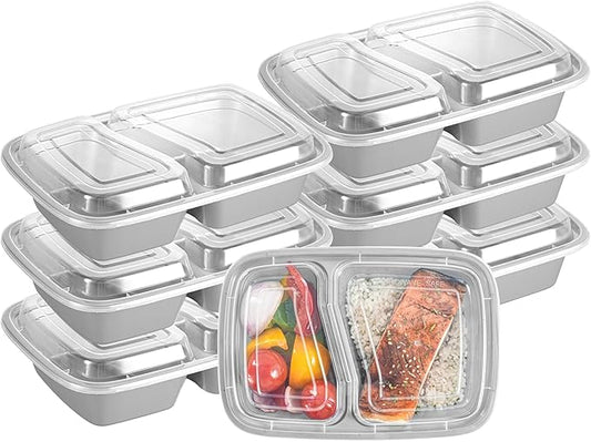Restaurantware-Asporto 26 Ounce Compartment Take Out Boxes, 100 Microwavable Meal Prep Containers - 2 Compartments, With Clear Plastic Lids, Silver Plastic Food Containers, Do Not Contain BPA