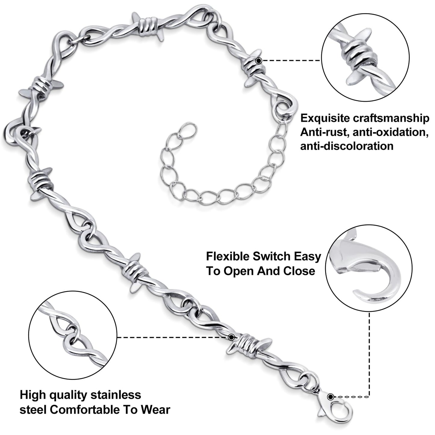 LuxGoth Stainless Steel Barbed Wire Thorns Thin Link Chain Bracelet Gothic Punk Rock Biker Vintage Viking Adjustable Brambles Link Curb Bracelet Jewelry for Men Women Silver GTS-B1B45051