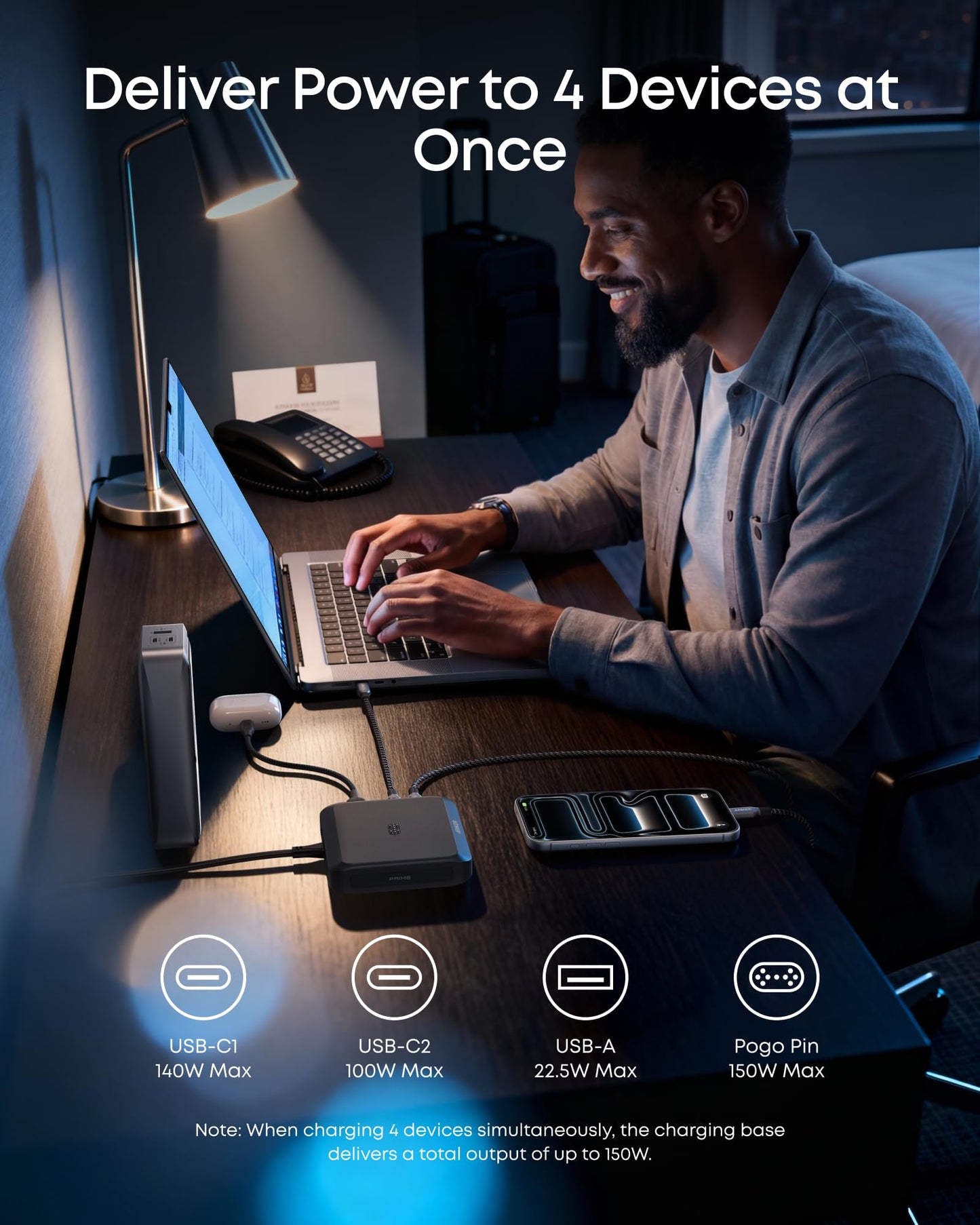 Anker Charging Base, 150W Max Charging for 4 Devices, Works with Prime Power Banks with Pogo Pin, for MacBook Pro/Air, Dell, iPhone 17/16 Series, Samsung, and More (Power Bank Not Included)