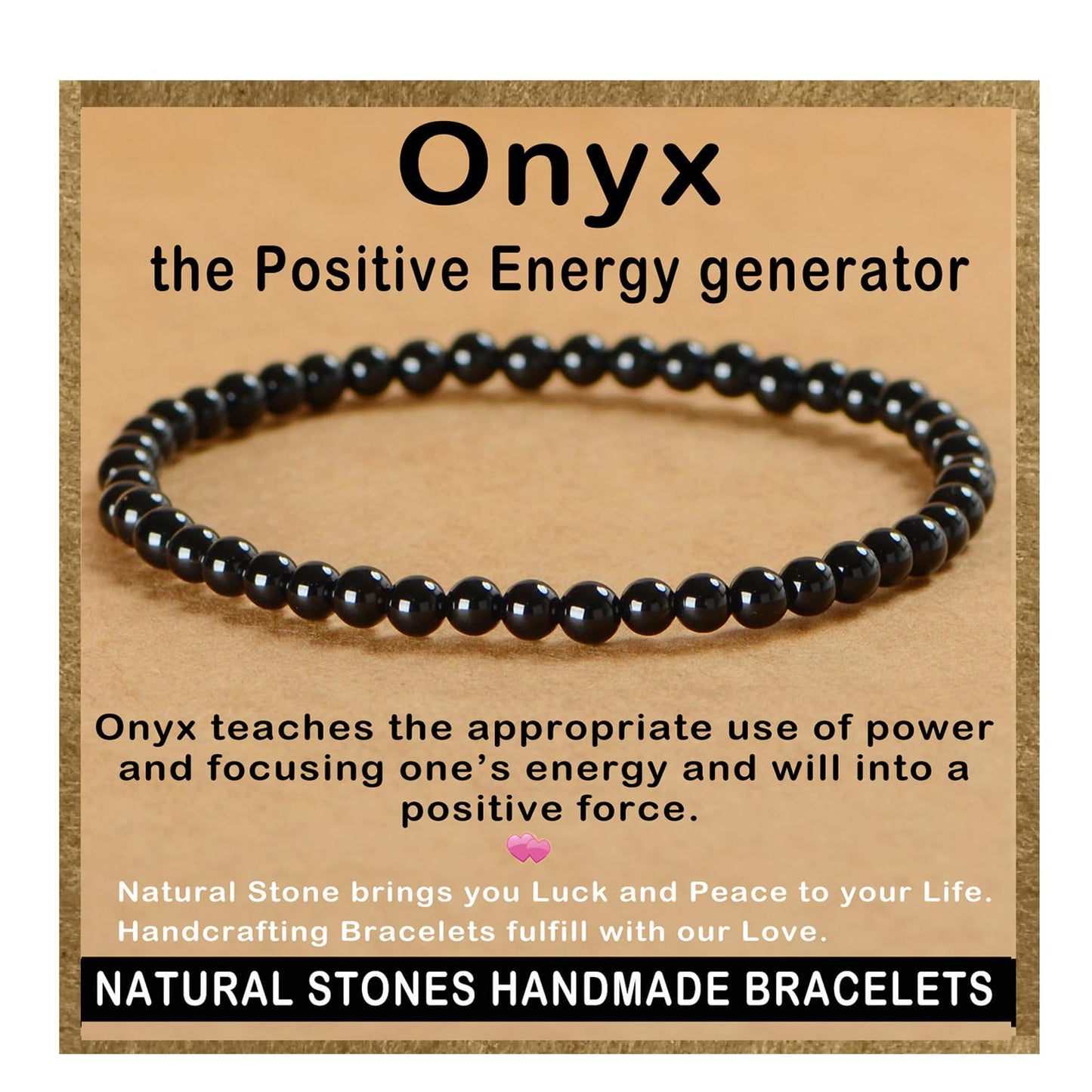 AD Beads Handmade Gemstone Stretch Elastic Bracelet Crystal Healing Reiki Nature's Beauty and Spiritual Essence Unisex (4mm, Black Onyx)