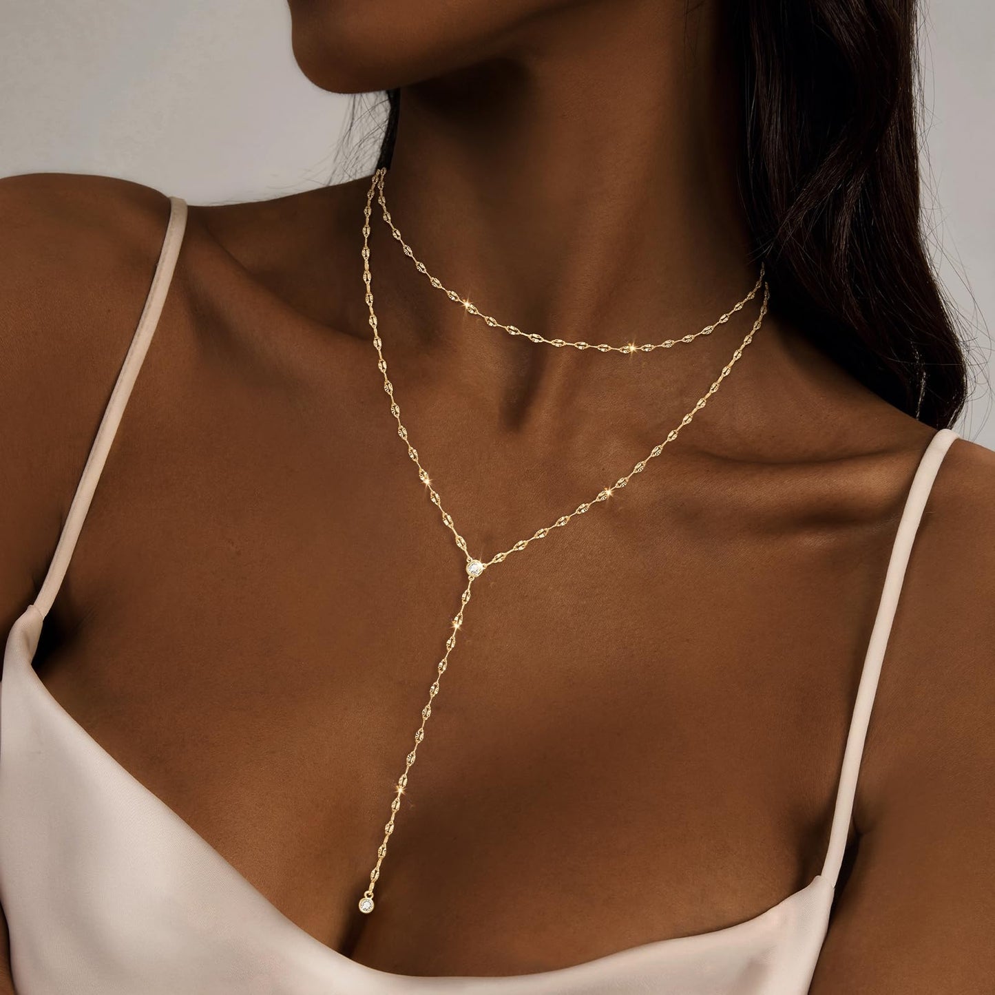 Luxval Gold Necklace for Women Trendy 14k Gold Plated Long Necklaces for Women Lariat CZ Y Necklace Dainty Layered Necklaces Shinny Drop Y-Shaped Chain Jewelry Gift Wedding