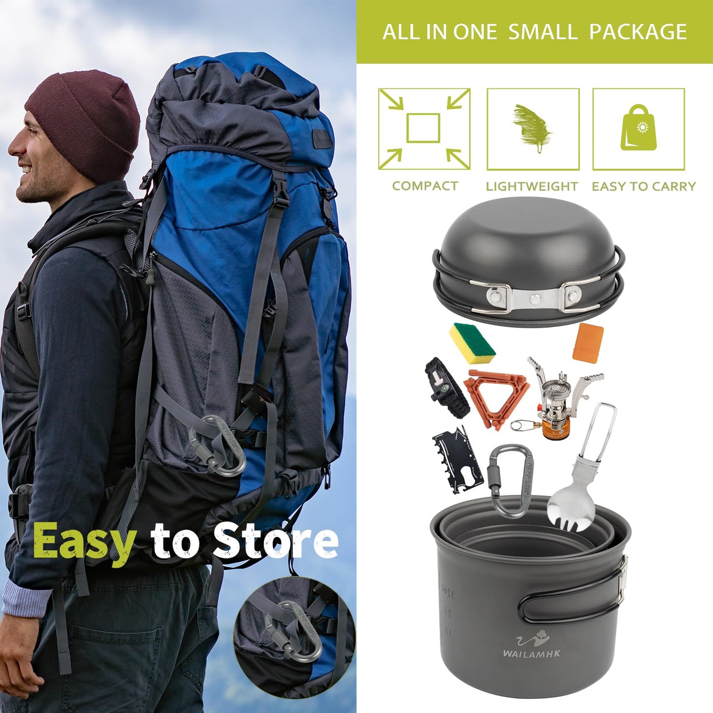 WAILAMHK Camping Cookware Mess Kit, 17 pcs Backpacking Cooking Gear, Lightweight Camping Pots and Stove Set for 3 Person, Outdoor Cooking Gear Ideal for Camping, Hiking, Backpacking and Picnic