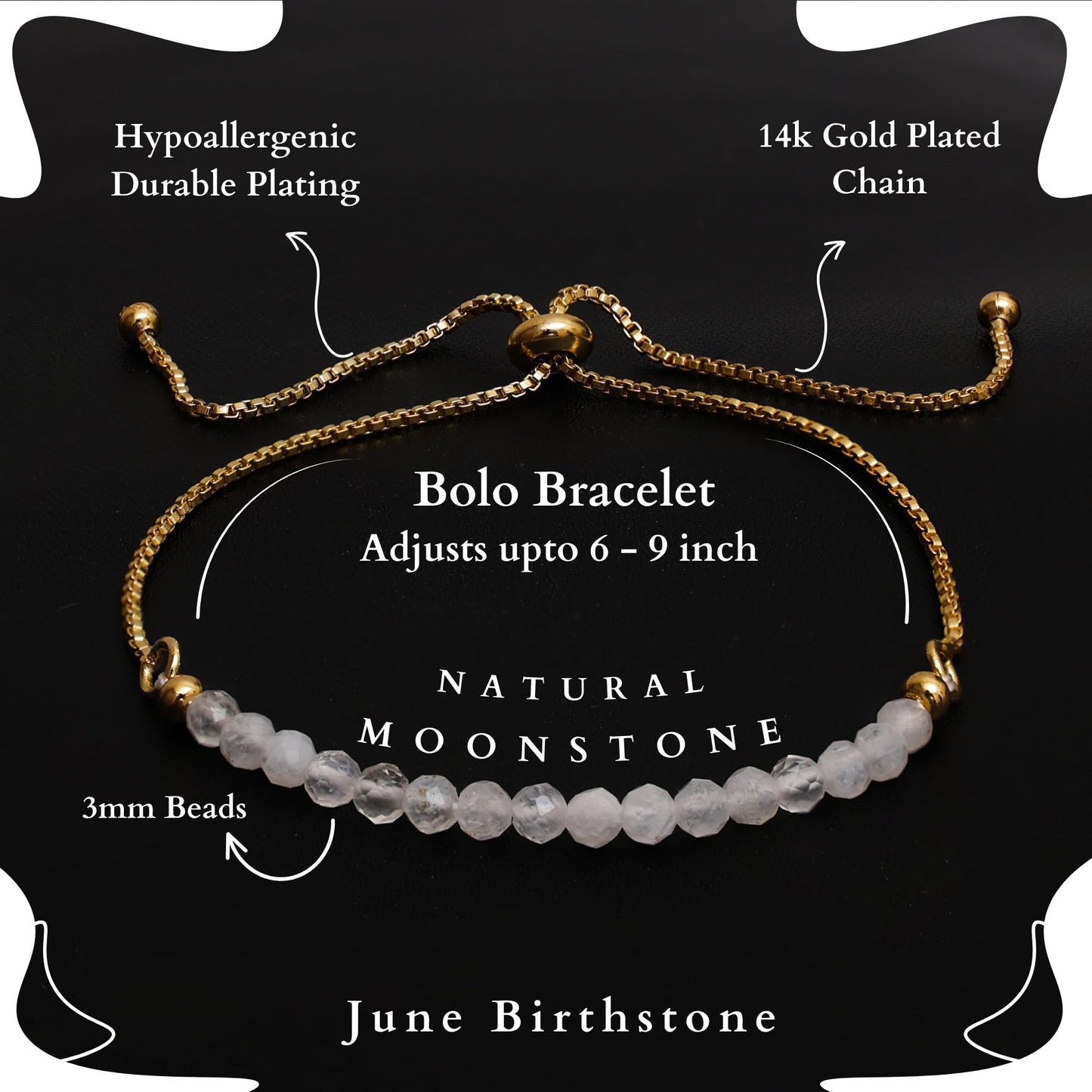 Gempires Moonstone Bracelet for Women, Birthstone Beaded Bracelet, June Birthstone, Bolo Beads Bracelet, New Beginning, Gold Plated Chain Unique Gifts for Her