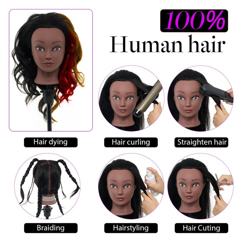 18" Mannequin Head Human Hair with Stand - 100% Real Human Hair Mannequin Head for Braiding, Cosmetology Manikin Doll Head for Hair Styling with Tripod Stand Table Clamp Hair Braiding Set,Black