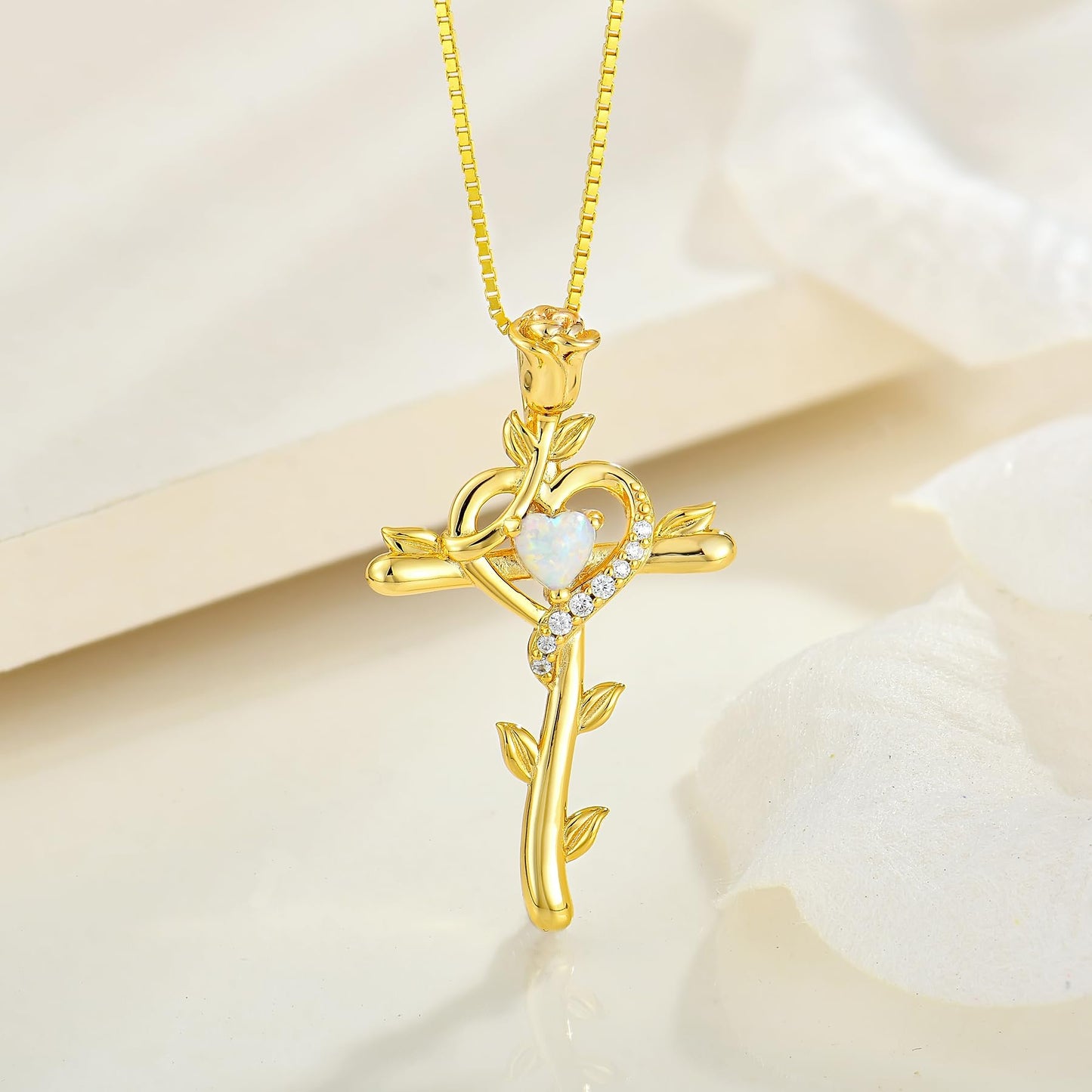 STARCHENIE Rose Cross Necklace, 925 Sterling Silver 14K Gold Plated, Created Opal Heart Pendant, Crucifix Jewelry Gift for Women