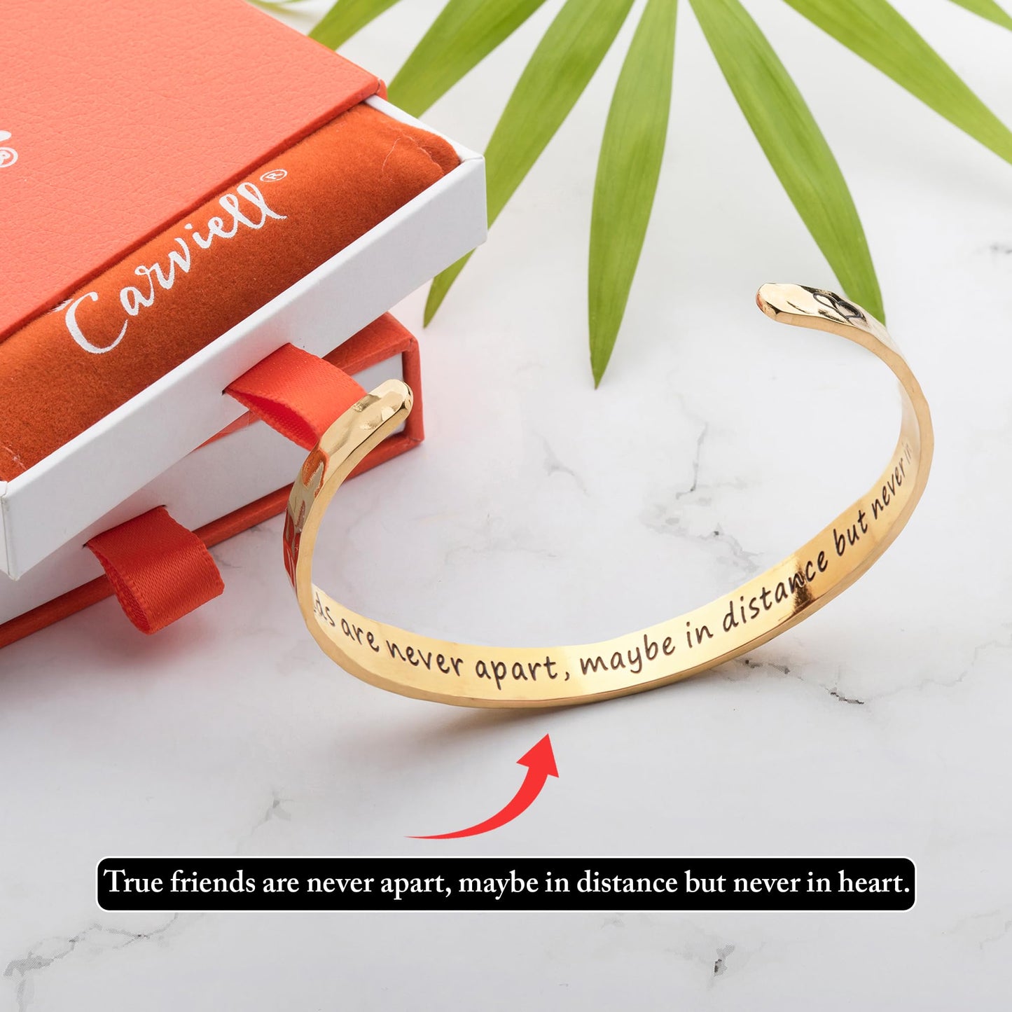 Carviell Gold Friendship Bracelet – “True Friends Are Never Apart” Engraved Cuff, Best Friend Jewelry Gift for Women & Teens, BFF Bracelet, Long Distance Friendship Gift, Stainless Steel Gold Bangle