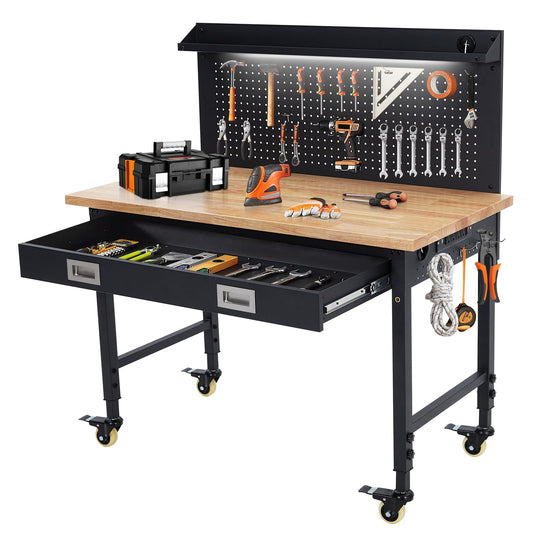 ACONEE 48"x 24" Workbench for Garage, Heavy Duty Workstation with Drawer Storage, Backplate, 2000LB Load Capacity, Multipurpose Rubber Wood Shop Table with Power Outlets, Hooks, Hardwood Workbench