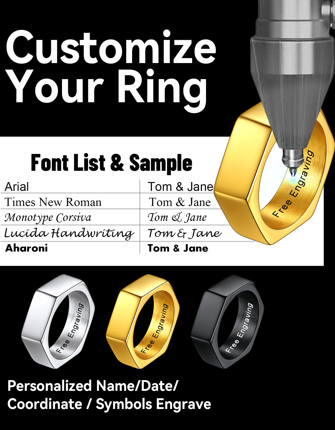 ChainsHouse Personalize Simple Band Rings 18K Gold Plated Geometric Hexagon Biker Ring for Men Women, Size 13