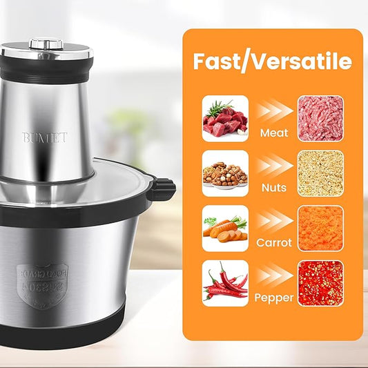 BUMET 16 cup steel bowl 850W Electric Food Processor,LED timer. 3-Tiered 6 Cutting Edges blade for mincing, chopping,Ideal as meat grinder,fresh vegetables chopper,pet food process in kitchen.
