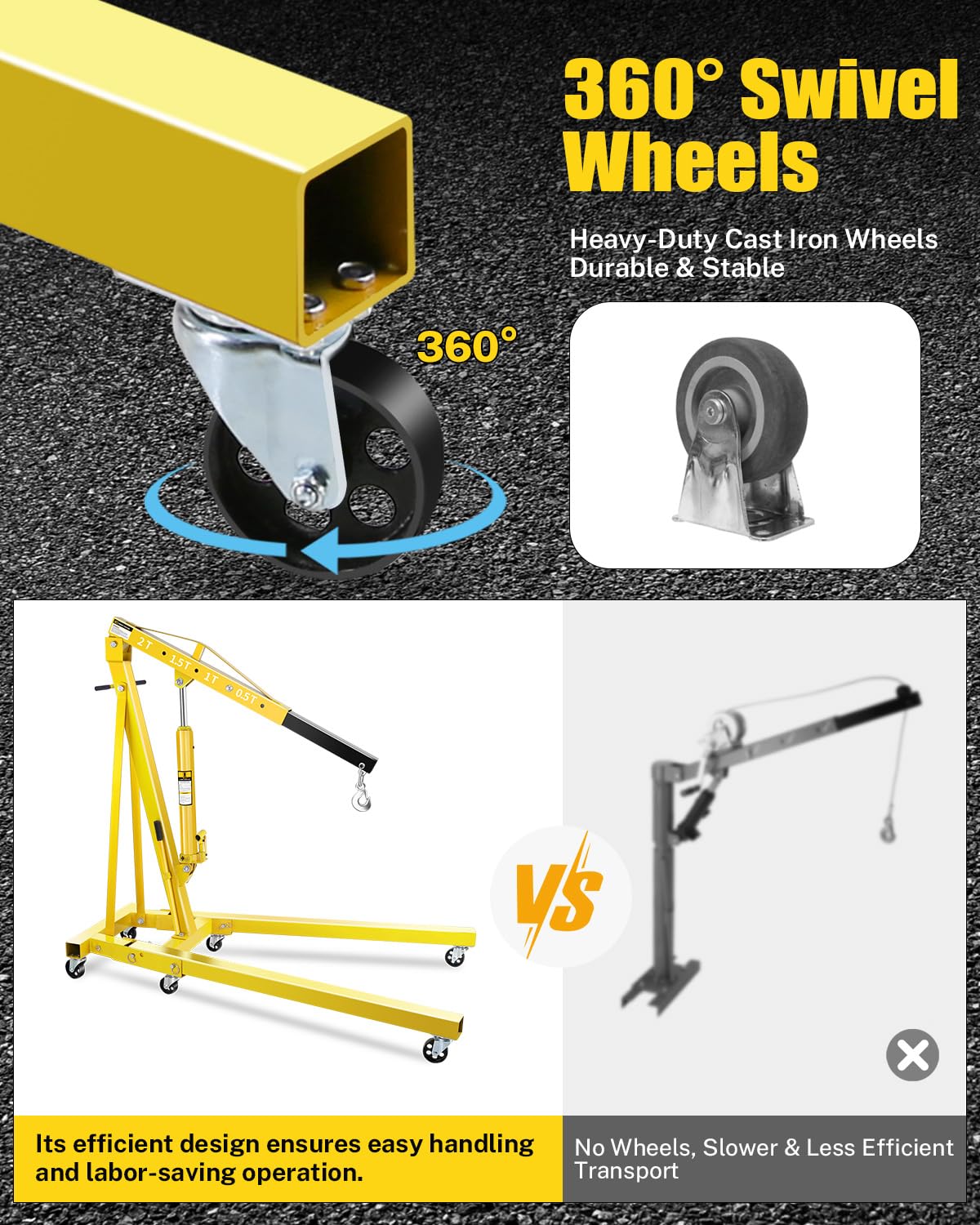 2-Ton Shop Crane, Hydraulic Folding Engine Hoist w/6 Steel Casters - Lift Car Transmissions, Boat Motors, Farm Equipment (Net Wt. 157 lbs)