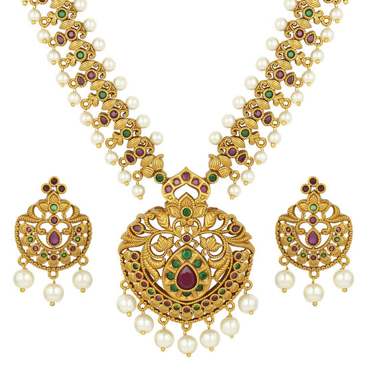 Aheli South Indian Traditional CZ Designer Necklace Earrings Bollywood Ethnic Wedding Bharatanatyam jewellery Set Gift for Women Pear Red