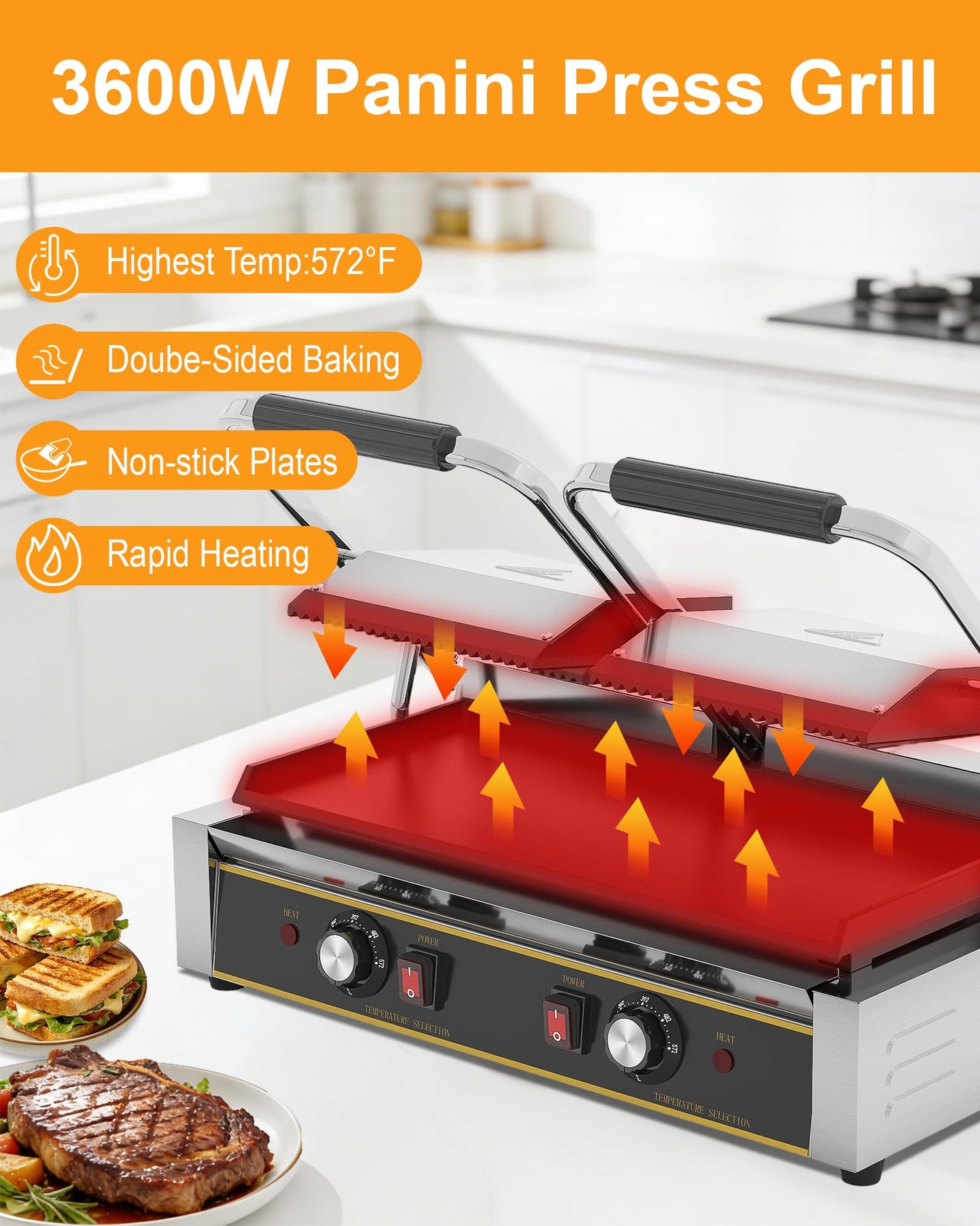 HTTSICHI Commercial Panini Press - 3600W Electric Sandwich Panini Maker, Stainless Steel Double Sandwich Grill w/Nonstick Coating & Temp Control, 19x9 in Plate for Hamburger Steak Bacon