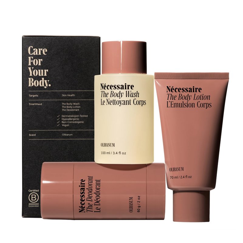 Nécessaire Body Essentials - Skin Care Gift Set For Women + Men - Travel-Size Body Wash, Body Lotion + Deodorant | Dermatologist-Tested. Hypoallergenic | Vegan | Aluminum-Free Deodorant (Olibanum)