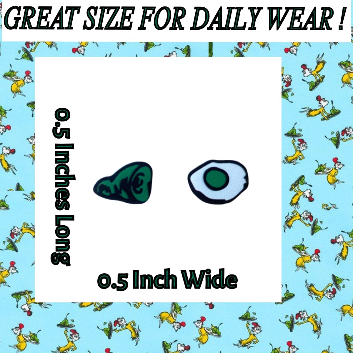 Cute Affordable Stud Earrings for Teachers! Green Eggs and Ham Themed Earrings for Teachers, Educators, Women and More. Super Cute Pair of Green Eggs and Ham Book Themed Earrings for Women. Seuss Style Earrings for Teachers. Great Pair of Fun Frizzle Earr