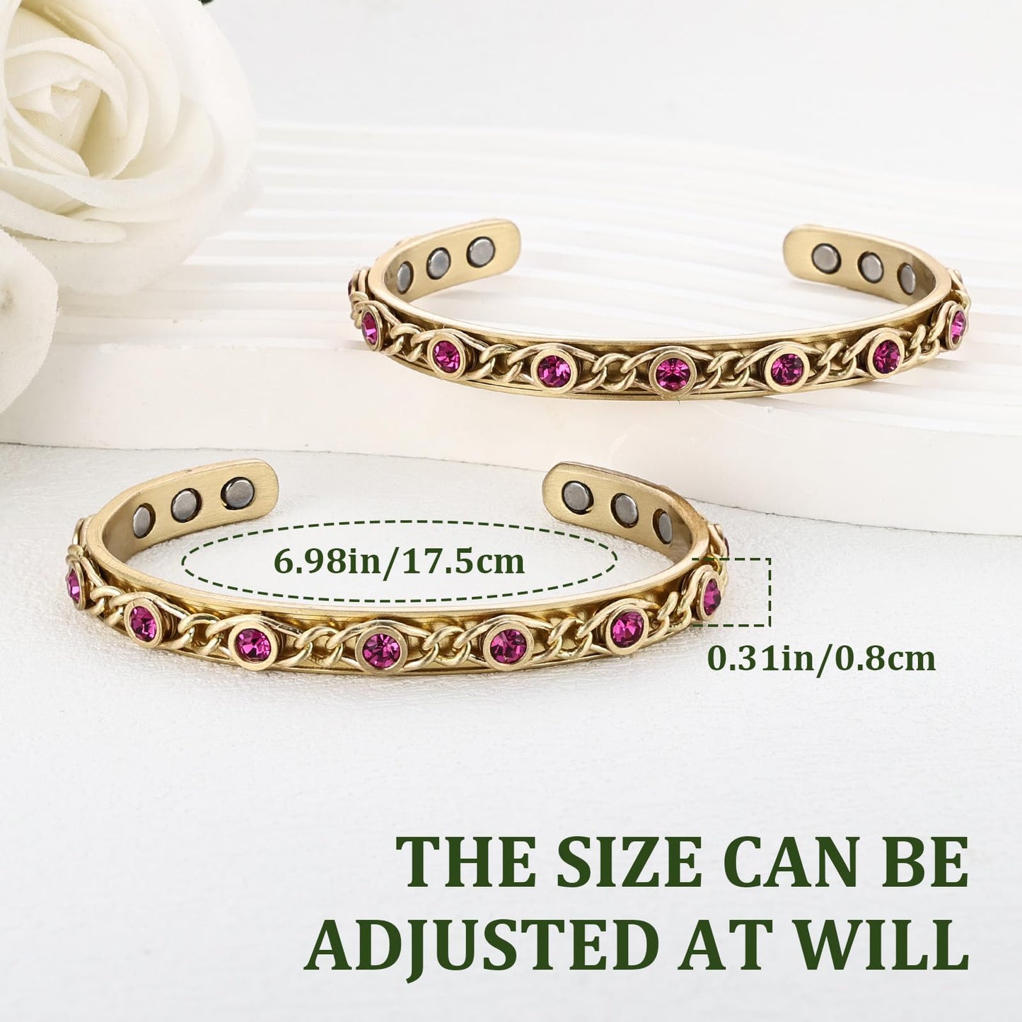 MagEnergy Handmade Copper Bracelet with Braided Twisted Wire & Emerald CZ Stones, Copper Magnetic Cuff for Women, Adjustable Bangle & Wellness Jewelry Gift（Gold&Rose Red）