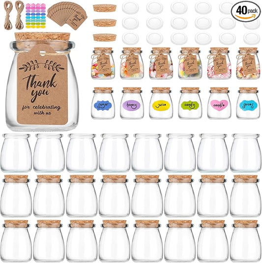 AIXIANG 40 Pack 7 oz Glass Favor Jars with Cork Lid and Seal Cap with Twine Labels for Wedding,Baby Shower,Party Favors,Gift Jar,Yogurt,Candy, Spices,Decorative Jars