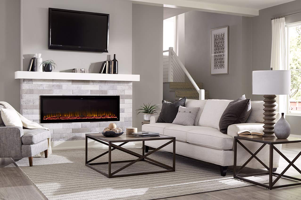 Touchstone Sideline Elite Smart 50” WiFi-Enabled Electric Fireplace - in-Wall Recessed - 60 Color Combinations - 1,500W Heater - Black - Log, Crystals & Driftwood - 80036