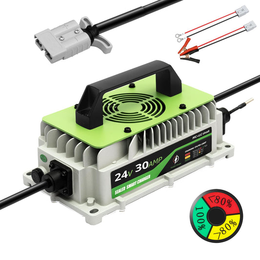 24V Lithium Battery Charger 30A Charger 24 Volt Battery Charger for Forklift RV Boat Trolling Motor Solar System 1000W IP65 Waterproof with Cooling Fan Alligator Clips