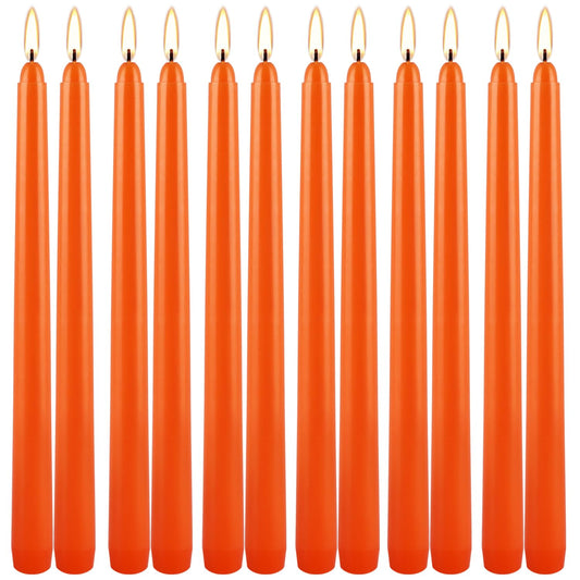 12-Pack 10-Inch Orange Taper Candles - Cotton Core, Clean Burning unscented, Drip-Free & Smokeless, Elegant Conical Design for Halloween, Weddings & Family Celebrations