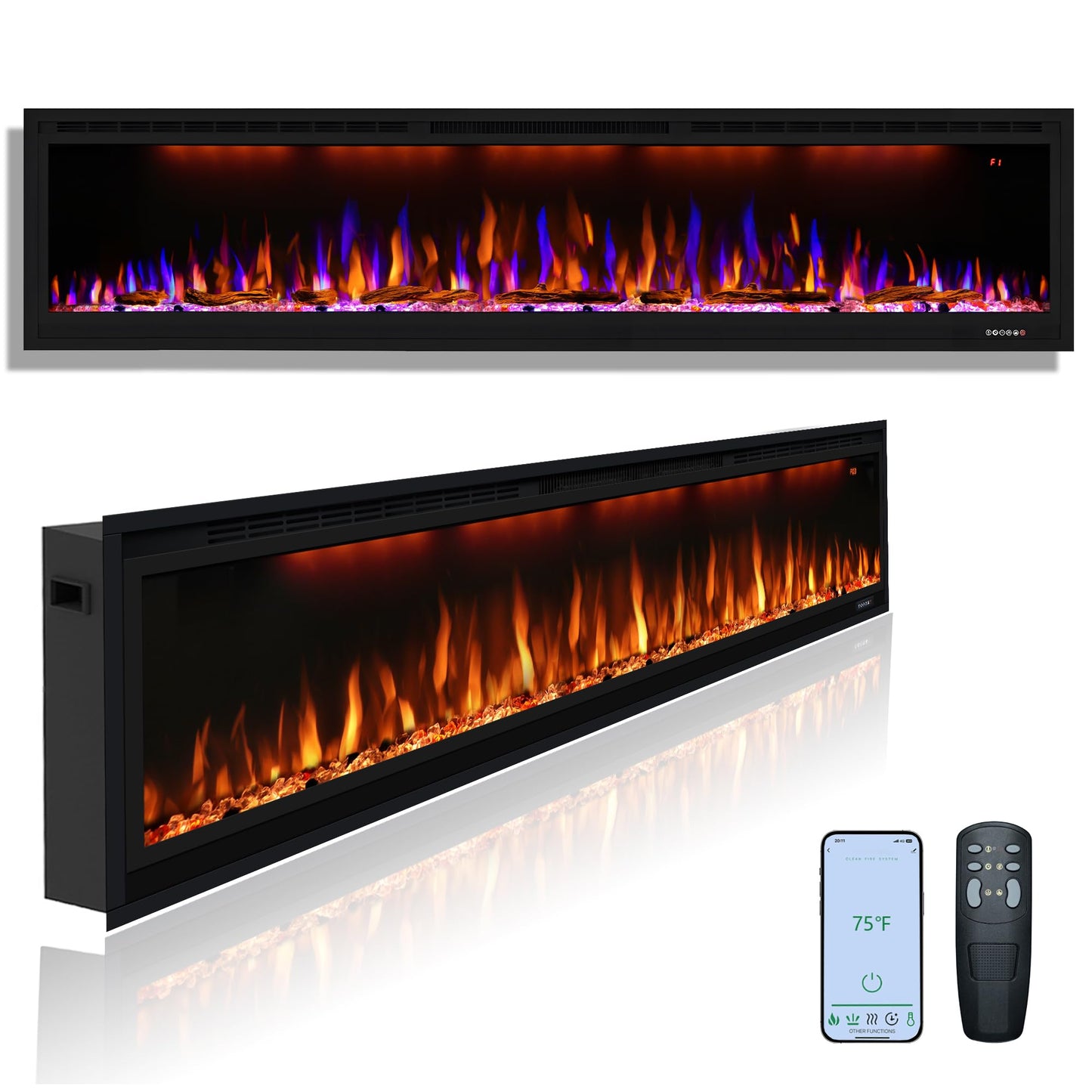 Dreamflame 74 inch Electric Fireplace, Smart Fireplace Insert recessed in Wall and Wall Mounted fire Place Heater with Metal Frame, Multicolor Flame & Realistic logs，Thermostat& Timer, 1500W, Black